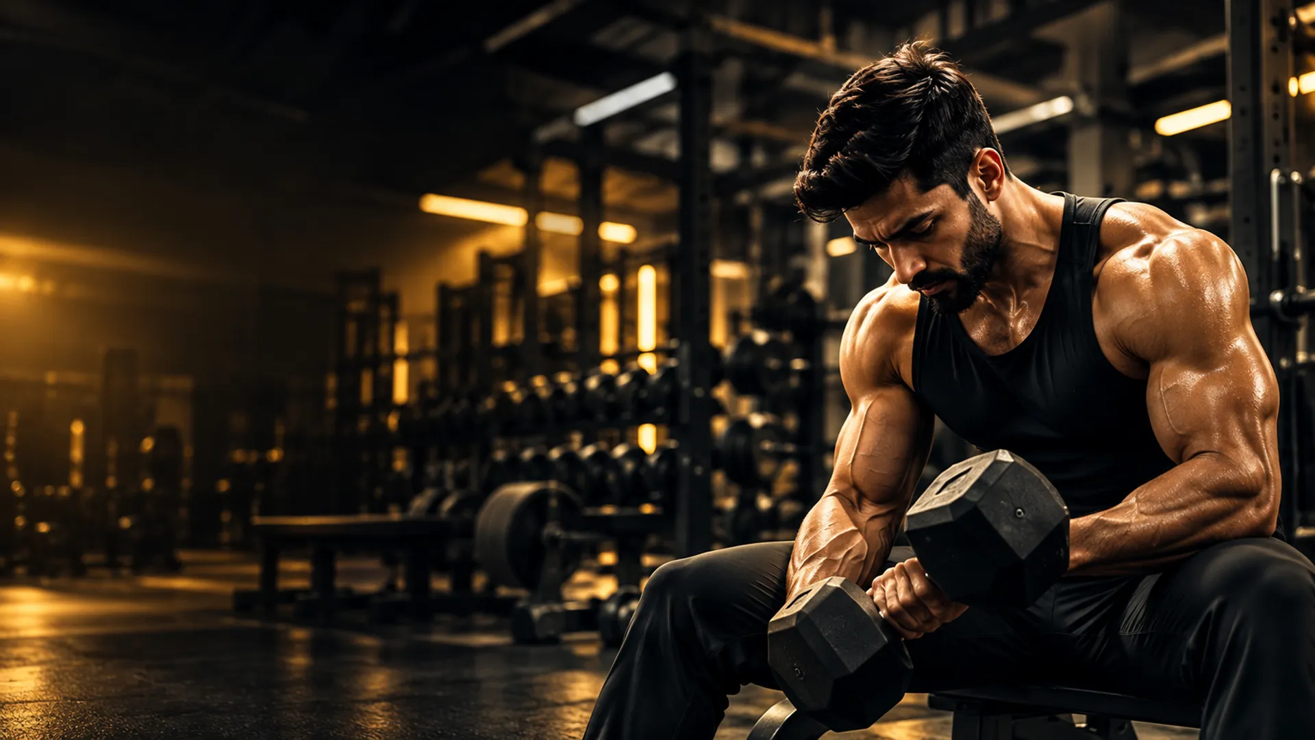 Athlete performing a seated dumbbell curl inside Shadow Fitness gym