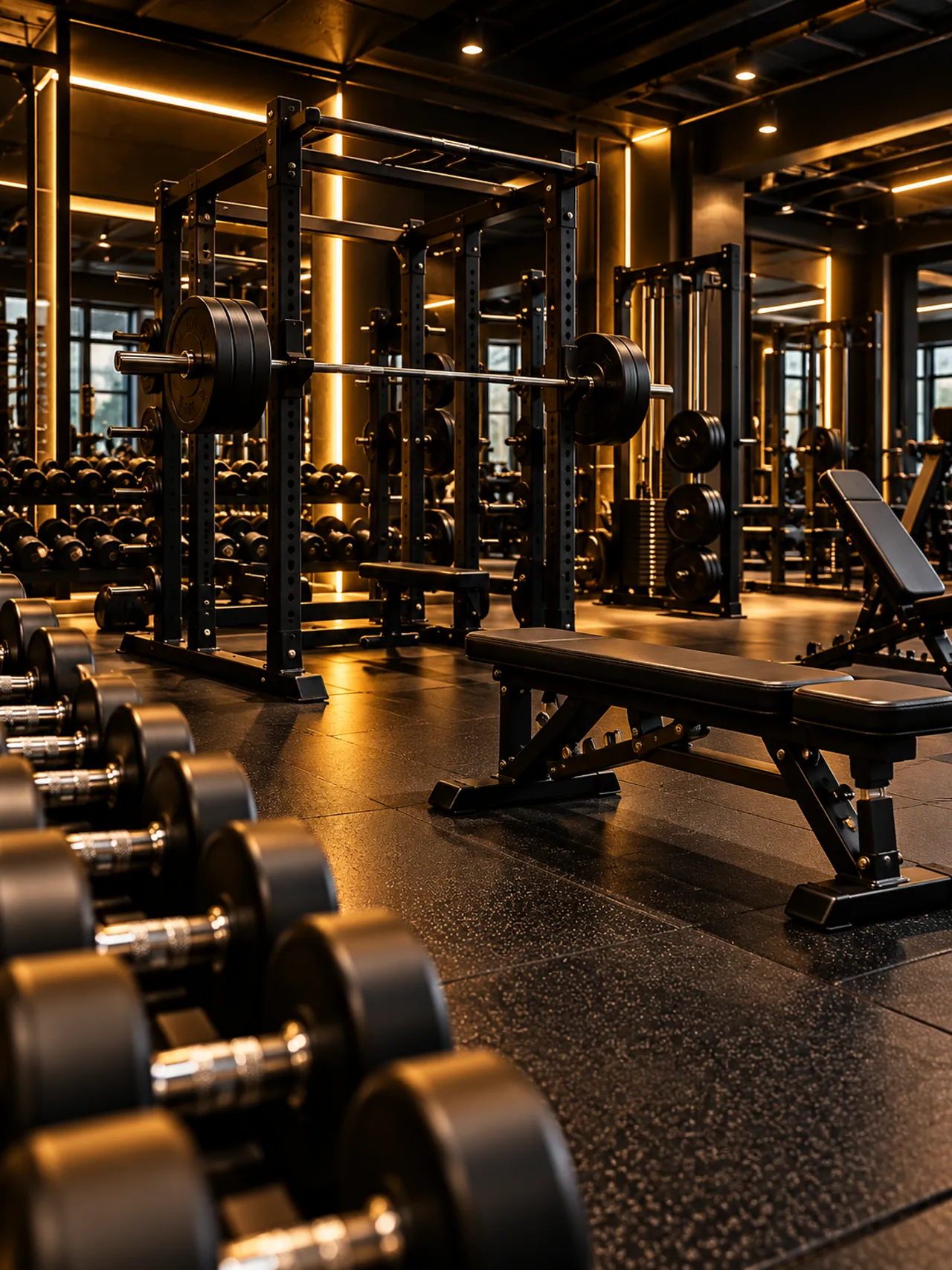Strength zone at Shadow Fitness — free weights, racks and benches